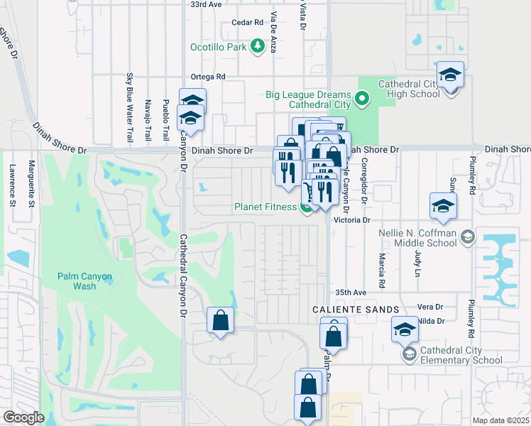 map of restaurants, bars, coffee shops, grocery stores, and more near 42 Coble Drive in Cathedral City
