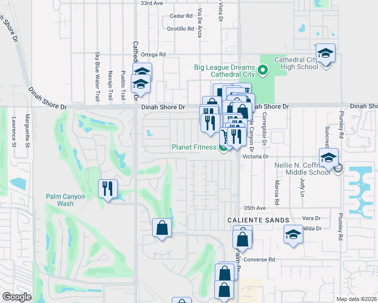 map of restaurants, bars, coffee shops, grocery stores, and more near 296 Coble Drive in Cathedral City