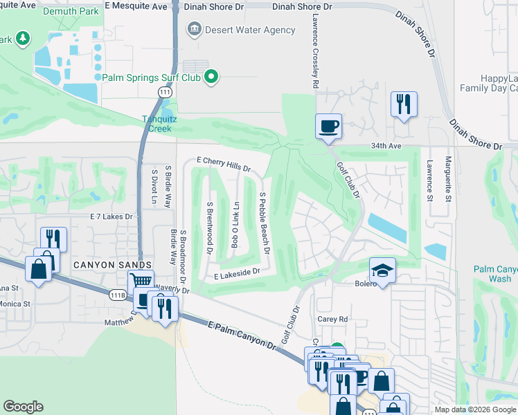 map of restaurants, bars, coffee shops, grocery stores, and more near 2170 South Pebble Beach Drive in Palm Springs