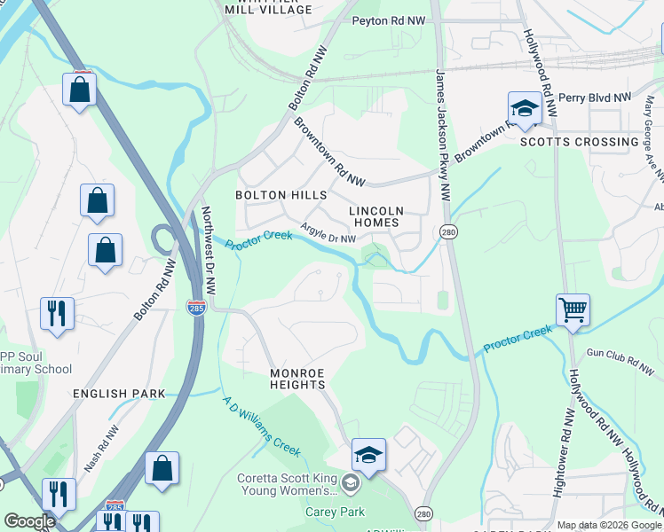 map of restaurants, bars, coffee shops, grocery stores, and more near 2770 Glenlocke Way Northwest in Atlanta