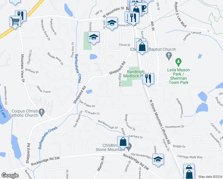 map of restaurants, bars, coffee shops, grocery stores, and more near 5292 Mountain Village Court in Stone Mountain
