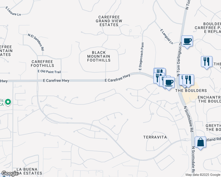 map of restaurants, bars, coffee shops, grocery stores, and more near 6671 East Whispering Mesquite Trail in Scottsdale