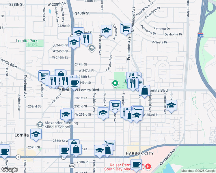 map of restaurants, bars, coffee shops, grocery stores, and more near 1403 West Lomita Boulevard in Lomita