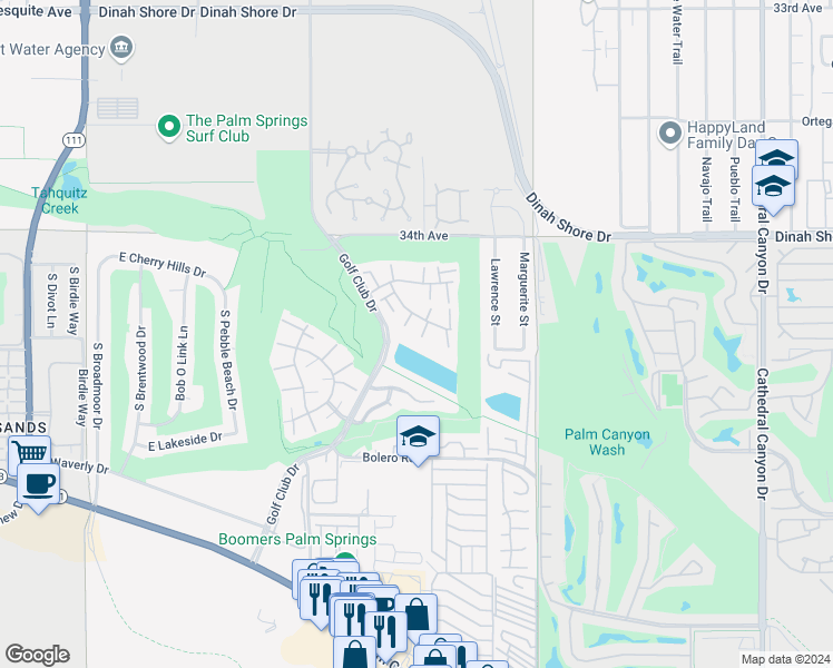 map of restaurants, bars, coffee shops, grocery stores, and more near 6071 Arroyo Road in Palm Springs