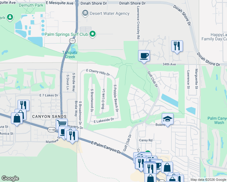 map of restaurants, bars, coffee shops, grocery stores, and more near 2133 South Pebble Beach Drive in Palm Springs