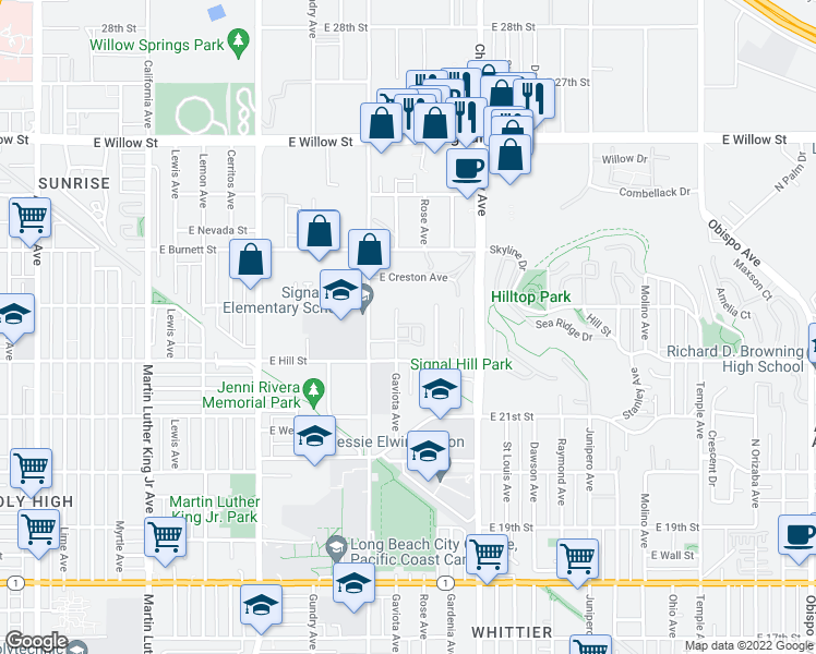 map of restaurants, bars, coffee shops, grocery stores, and more near 2237 Rose Avenue in Signal Hill