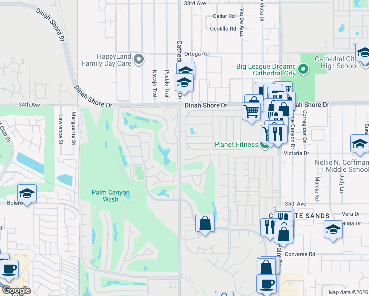 map of restaurants, bars, coffee shops, grocery stores, and more near 263 Coble Drive in Cathedral City