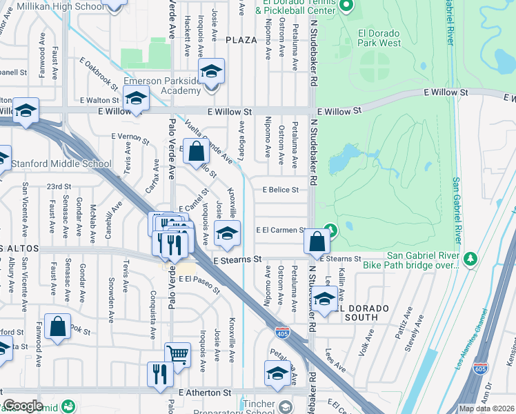map of restaurants, bars, coffee shops, grocery stores, and more near 6702 East El Salvador Street in Long Beach