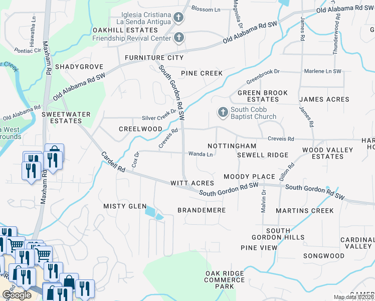 map of restaurants, bars, coffee shops, grocery stores, and more near 6464 Wanda Lane in Austell