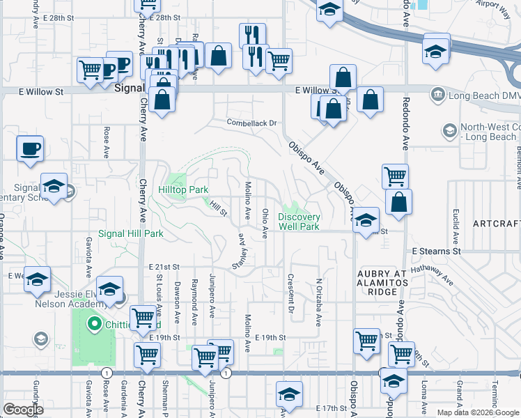 map of restaurants, bars, coffee shops, grocery stores, and more near 2265 Ohio Avenue in Signal Hill