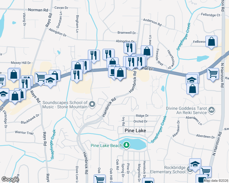 map of restaurants, bars, coffee shops, grocery stores, and more near 720 Hambrick Road in Stone Mountain