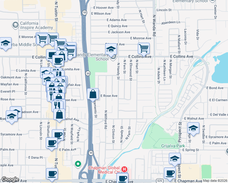 map of restaurants, bars, coffee shops, grocery stores, and more near 658 North Clinton Street in Orange