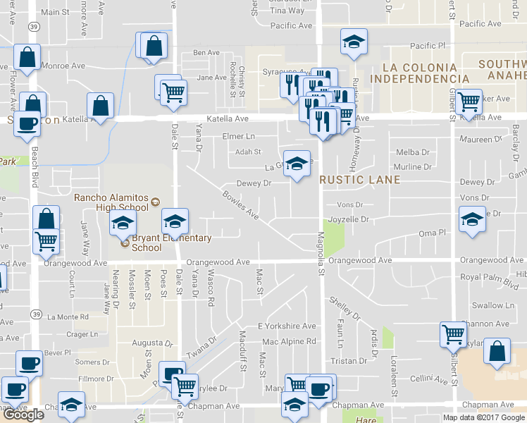 map of restaurants, bars, coffee shops, grocery stores, and more near 11312 Mac Street in Garden Grove