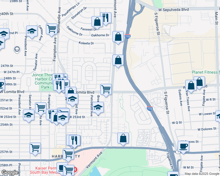 map of restaurants, bars, coffee shops, grocery stores, and more near 1065 Lomita Boulevard in West Carson