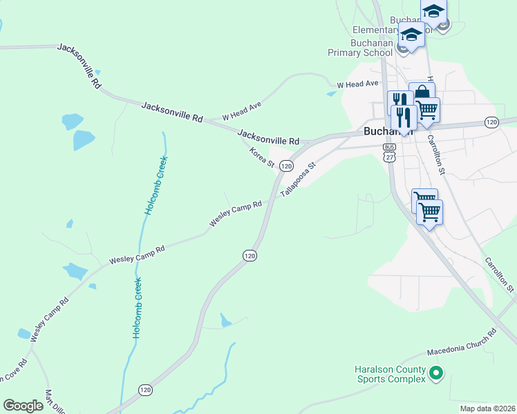 map of restaurants, bars, coffee shops, grocery stores, and more near 511 Wesley Camp Road in Tallapoosa