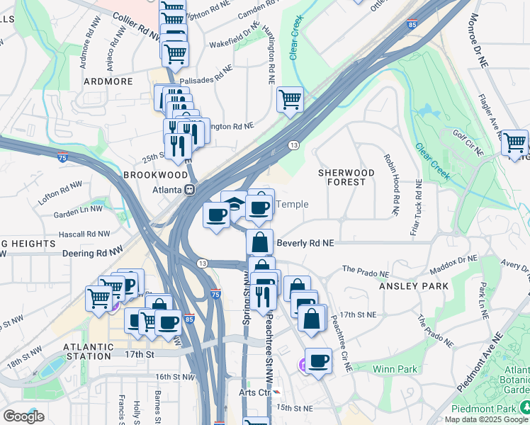 map of restaurants, bars, coffee shops, grocery stores, and more near in Atlanta