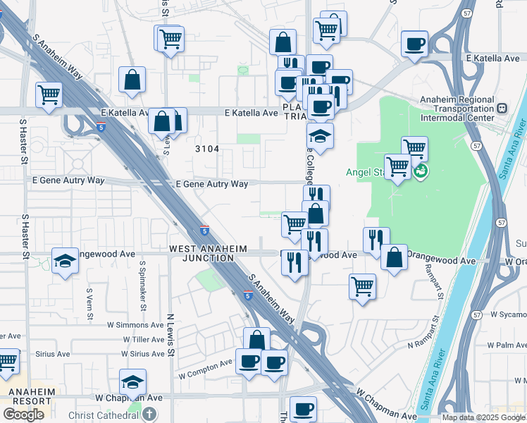 map of restaurants, bars, coffee shops, grocery stores, and more near 1910 Union Street in Anaheim