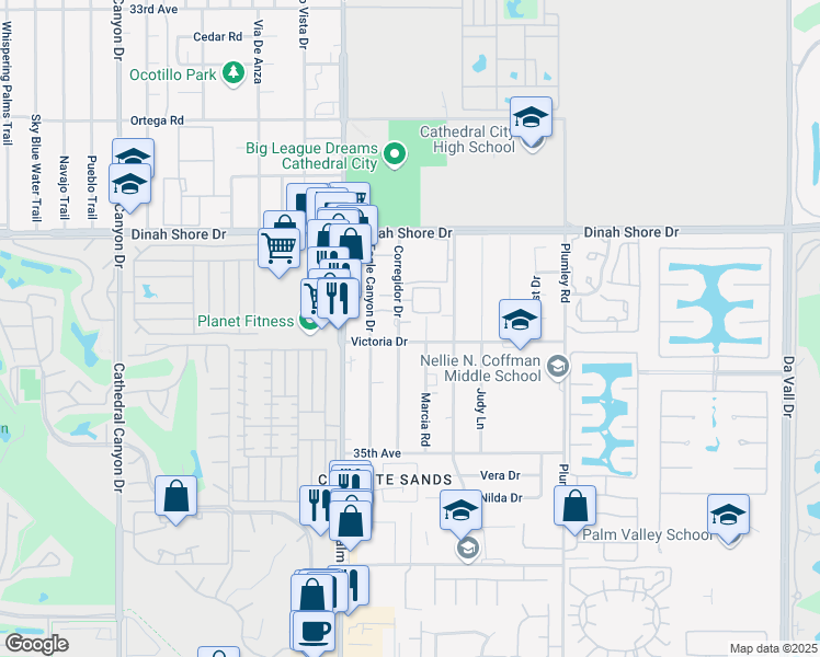 map of restaurants, bars, coffee shops, grocery stores, and more near 69130 Victoria Drive in Cathedral City
