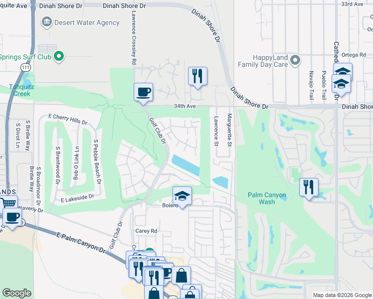 map of restaurants, bars, coffee shops, grocery stores, and more near 6117 Arroyo Road in Palm Springs