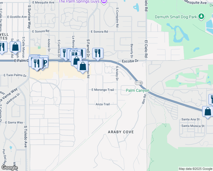 map of restaurants, bars, coffee shops, grocery stores, and more near 1881 South Araby Drive in Palm Springs