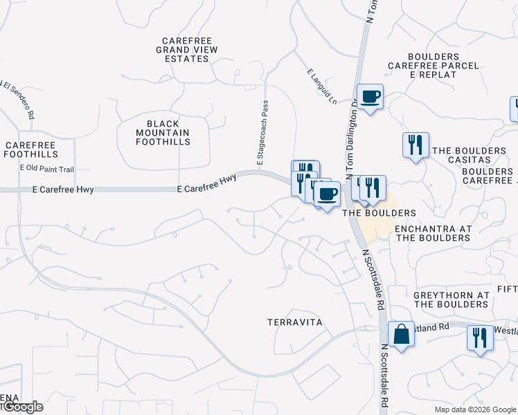 map of restaurants, bars, coffee shops, grocery stores, and more near 6850 East Nightingale Star Circle in Scottsdale