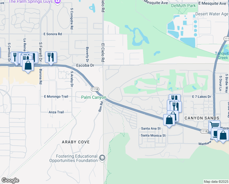 map of restaurants, bars, coffee shops, grocery stores, and more near 469 Desert Lakes Drive in Palm Springs