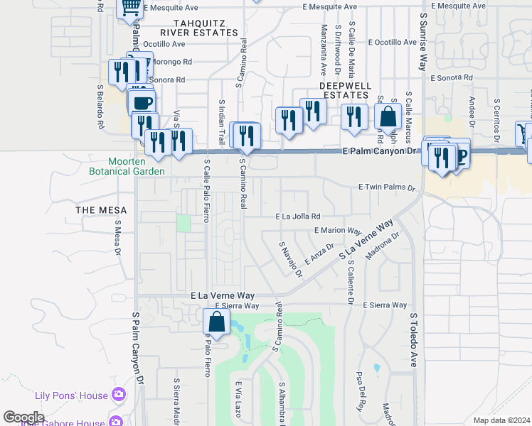 map of restaurants, bars, coffee shops, grocery stores, and more near 974 East La Jolla Road in Palm Springs