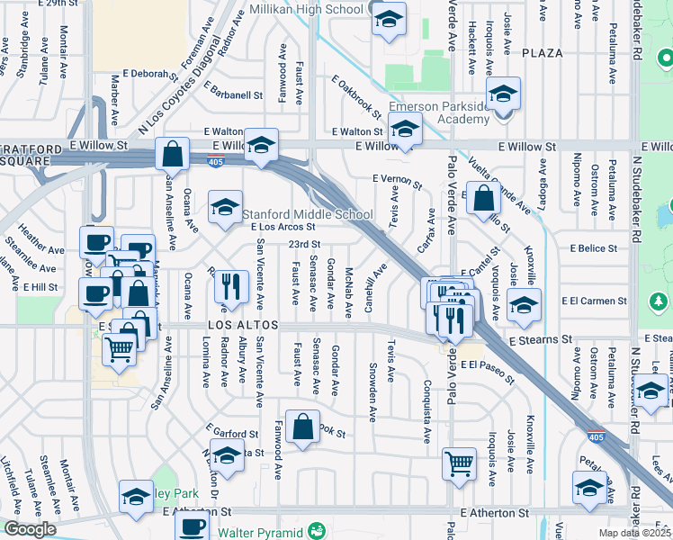 map of restaurants, bars, coffee shops, grocery stores, and more near 2260 Gondar Avenue in Long Beach