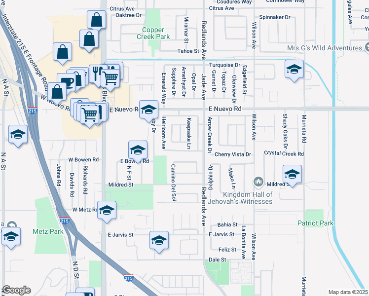 map of restaurants, bars, coffee shops, grocery stores, and more near 322 Recognition Lane in Perris