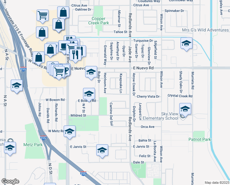 map of restaurants, bars, coffee shops, grocery stores, and more near 304 Recognition Lane in Perris