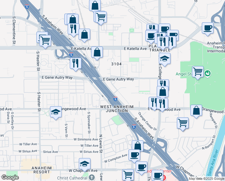 map of restaurants, bars, coffee shops, grocery stores, and more near 960 East Stanford Court in Anaheim
