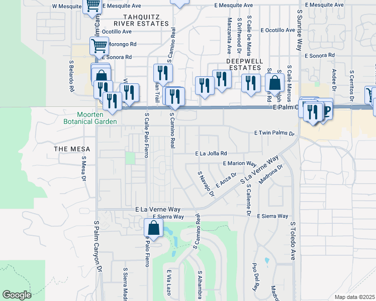 map of restaurants, bars, coffee shops, grocery stores, and more near 974 East La Jolla Road in Palm Springs