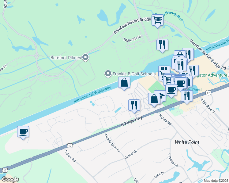 map of restaurants, bars, coffee shops, grocery stores, and more near 1042 Waterway Lane in Myrtle Beach