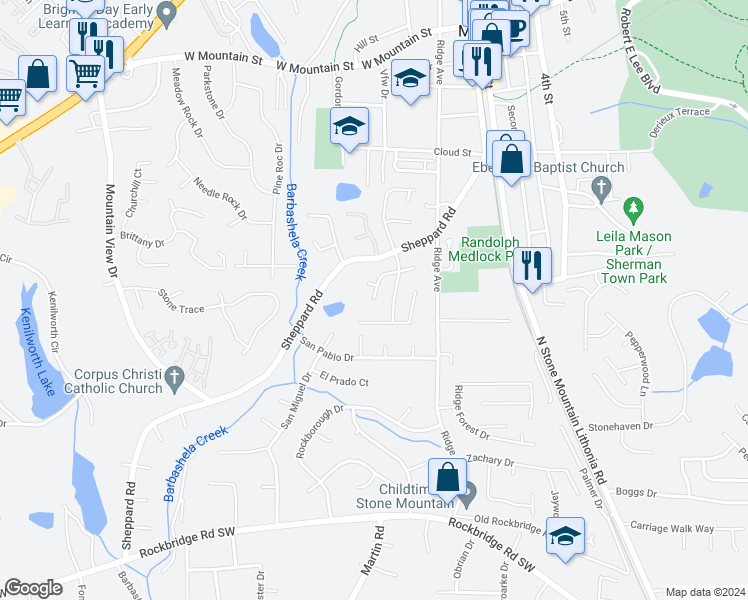 map of restaurants, bars, coffee shops, grocery stores, and more near 5125 Cindy Way in Stone Mountain