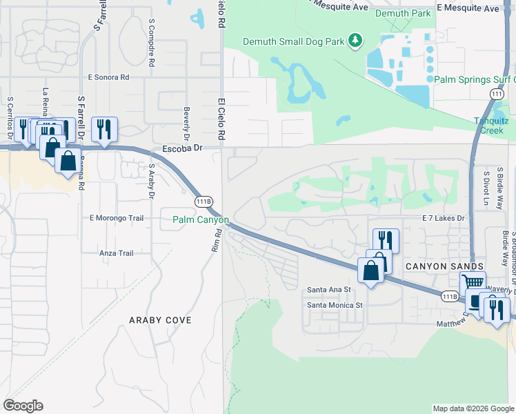map of restaurants, bars, coffee shops, grocery stores, and more near 507 Desert Lakes Circle in Palm Springs