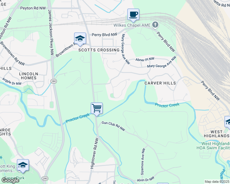 map of restaurants, bars, coffee shops, grocery stores, and more near 2526 Abner Place Northwest in Atlanta
