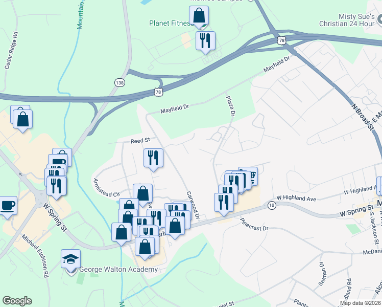 map of restaurants, bars, coffee shops, grocery stores, and more near 239 Elm Place in Monroe