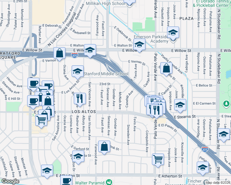 map of restaurants, bars, coffee shops, grocery stores, and more near 2260 Gondar Avenue in Long Beach
