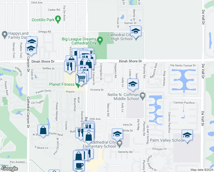 map of restaurants, bars, coffee shops, grocery stores, and more near 69130 Victoria Drive in Cathedral City