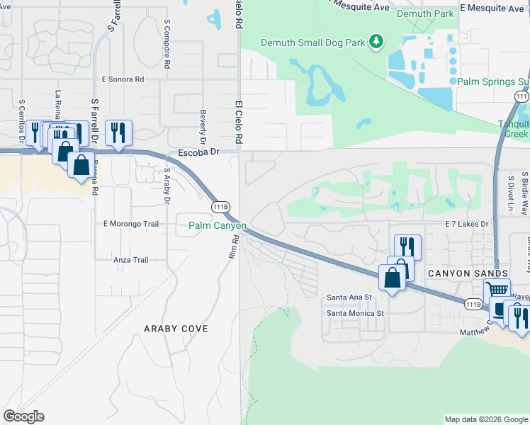 map of restaurants, bars, coffee shops, grocery stores, and more near 469 Desert Lakes Drive in Palm Springs