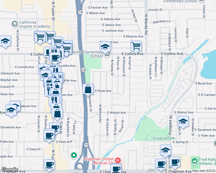 map of restaurants, bars, coffee shops, grocery stores, and more near 658 North Clinton Street in Orange
