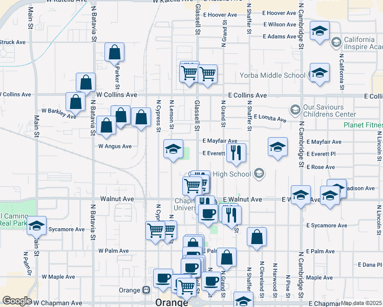 map of restaurants, bars, coffee shops, grocery stores, and more near 662 North Glassell Street in Orange