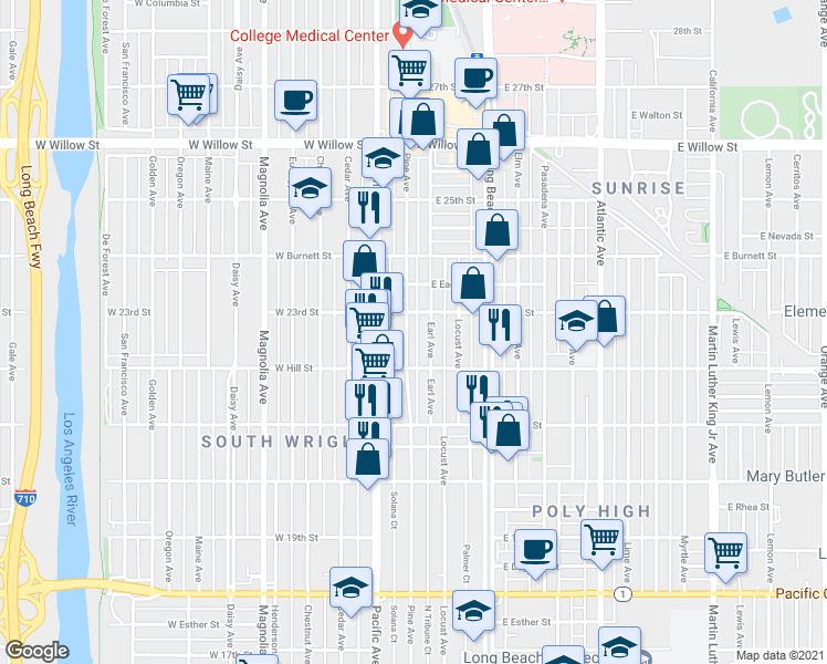 map of restaurants, bars, coffee shops, grocery stores, and more near 2250 Pine Avenue in Long Beach