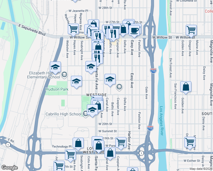 map of restaurants, bars, coffee shops, grocery stores, and more near 2249 Baltic Avenue in Long Beach