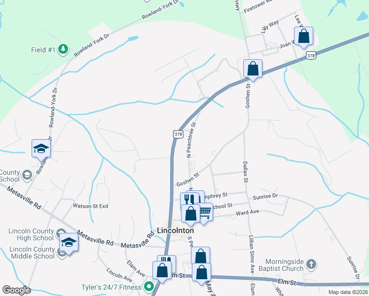 map of restaurants, bars, coffee shops, grocery stores, and more near 314 North Peachtree Street in Lincolnton