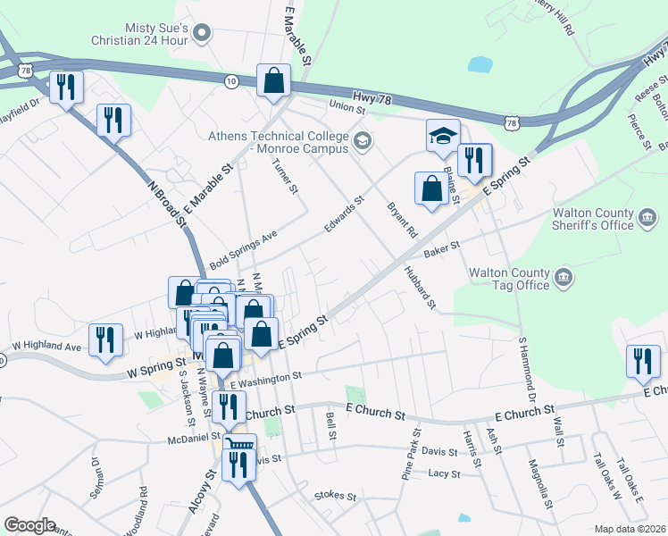 map of restaurants, bars, coffee shops, grocery stores, and more near 509 Northview Drive in Monroe