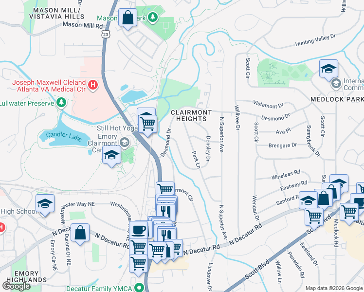 map of restaurants, bars, coffee shops, grocery stores, and more near 594 Densley Drive in Decatur