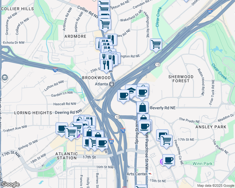 map of restaurants, bars, coffee shops, grocery stores, and more near 1660 Peachtree Road Northwest in Atlanta