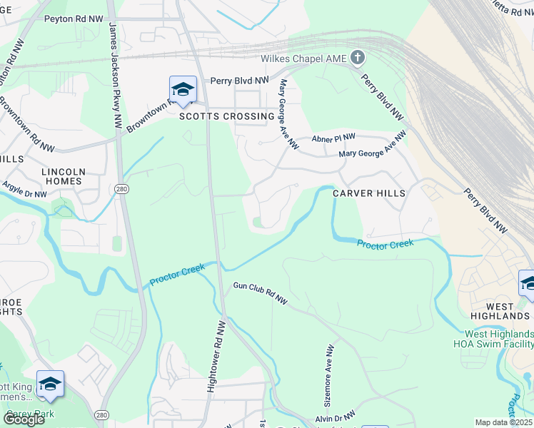 map of restaurants, bars, coffee shops, grocery stores, and more near 2526 Abner Place Northwest in Atlanta