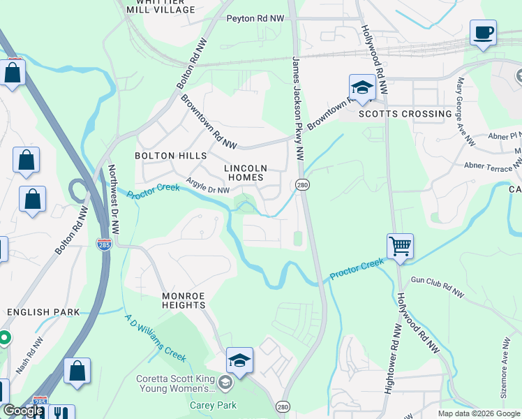 map of restaurants, bars, coffee shops, grocery stores, and more near 1583 Ferno Drive Northwest in Atlanta